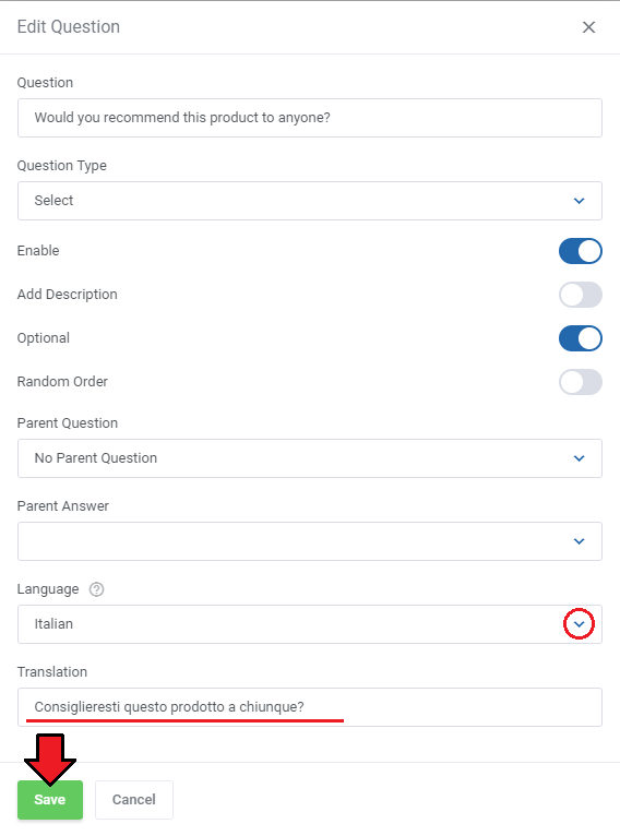 Product Feedback Center For WHMCS: Edit Question form with the Language set to Italian and a translated question text