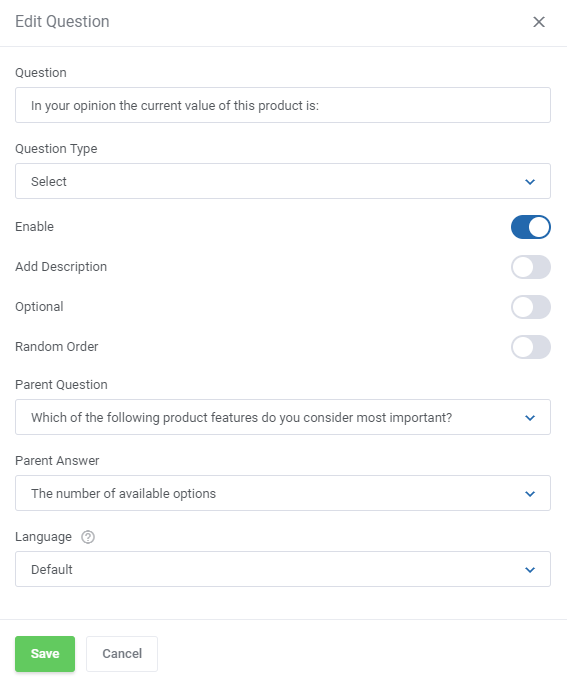 Product Feedback Center For WHMCS: Edit Question form with a Parent Question and a Parent Answer selected