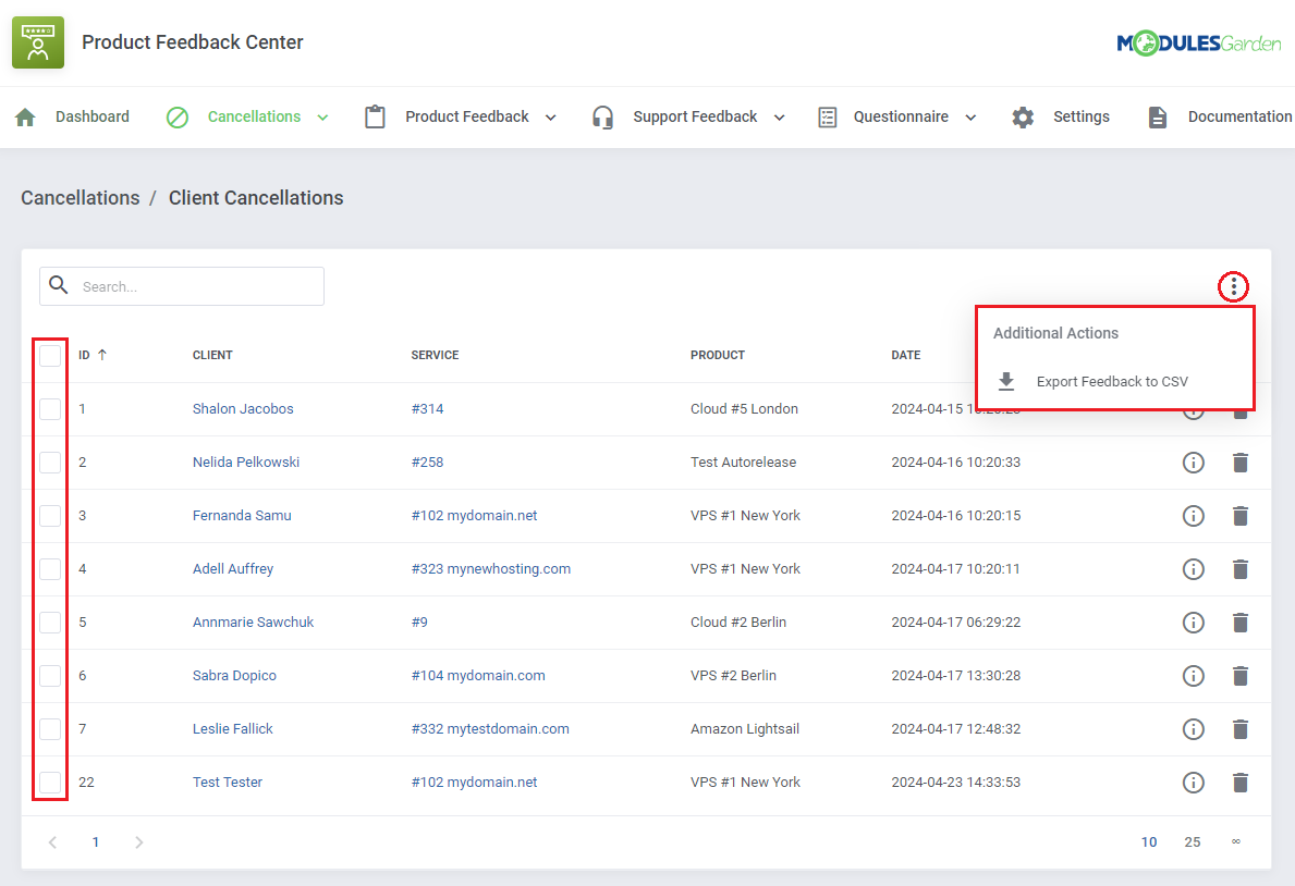 Product Feedback Center For WHMCS: Client Cancellations list with row checkboxes and the Export Feedback to CSV action