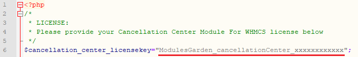 Product Feedback Center For WHMCS: license.php file in an editor with the license key placeholder underlined
