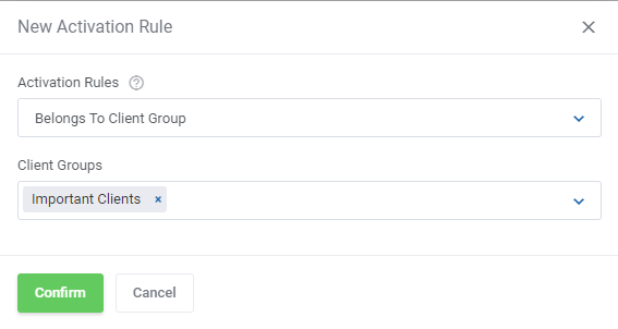 Product Feedback Center For WHMCS: New Activation Rule form with the Belongs To Client Group rule and a client group