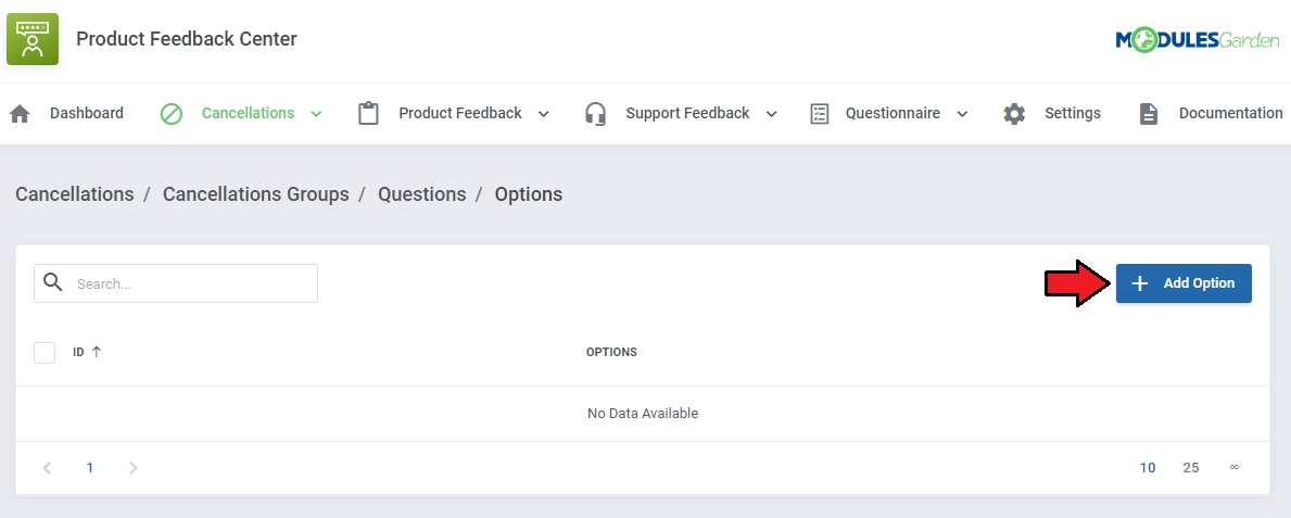 Product Feedback Center For WHMCS: empty Options list of a question with the Add Option button highlighted