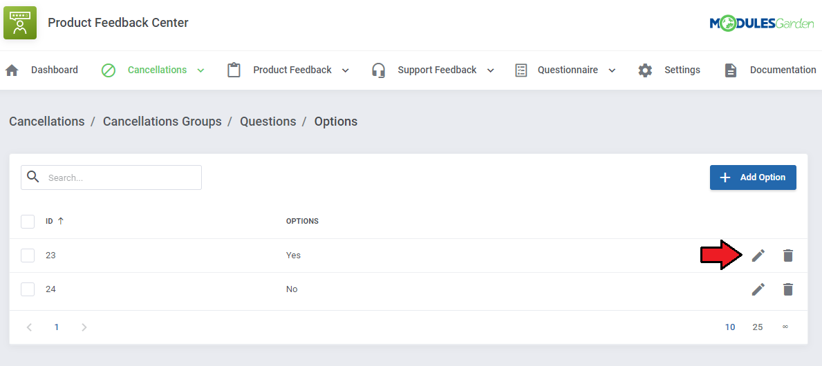 Product Feedback Center For WHMCS: Options list with the Edit icon highlighted next to the Yes option