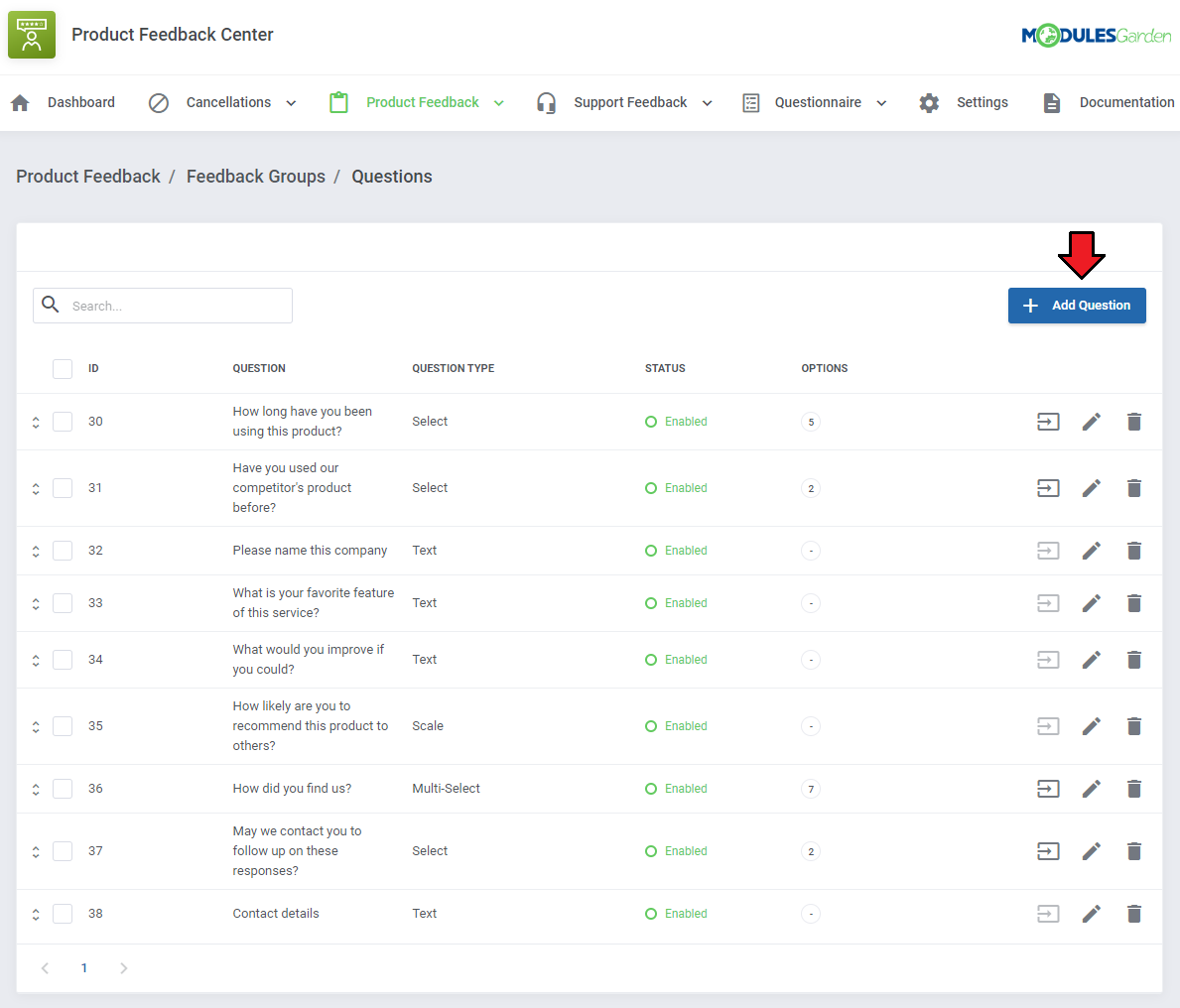 Product Feedback Center For WHMCS: product feedback group questions list with an arrow pointing to Add Question