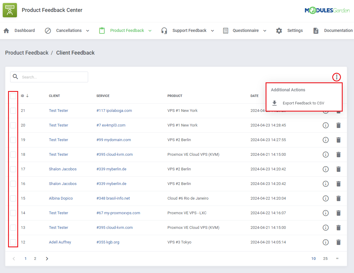 Product Feedback Center For WHMCS: product feedback list with mass action checkboxes and Export Feedback to CSV