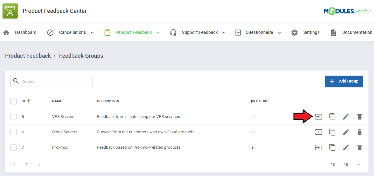 Product Feedback Center For WHMCS: product feedback groups list with an arrow pointing to the Questions icon