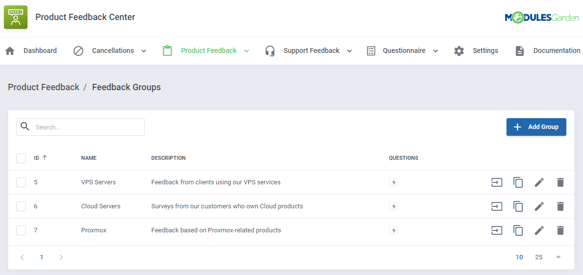 Product Feedback Center For WHMCS: admin product feedback groups list with the Add Group button and action icons