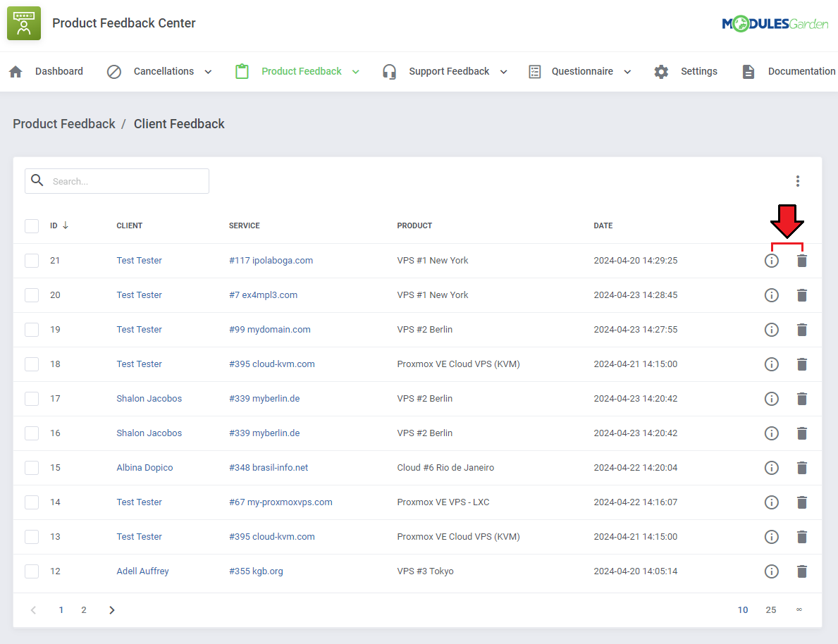 Product Feedback Center For WHMCS: admin product client feedback list with the details and delete icons marked