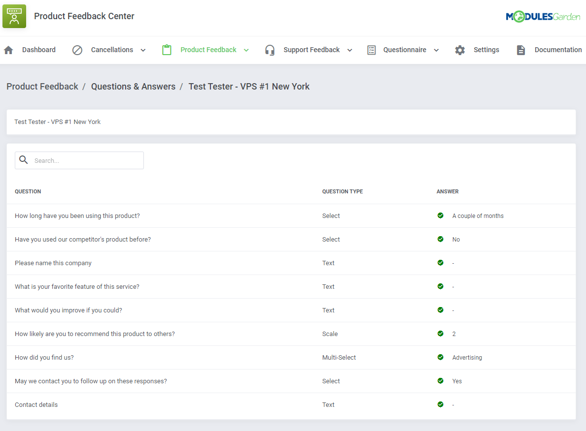 Product Feedback Center For WHMCS: admin product feedback questions and answers preview with a client's answers