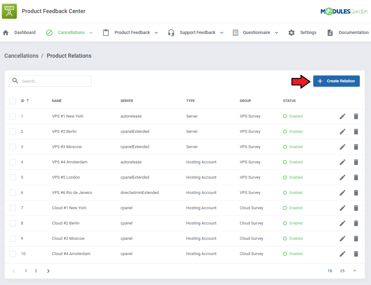 Product Feedback Center For WHMCS: Product Relations list with the Create Relation button highlighted