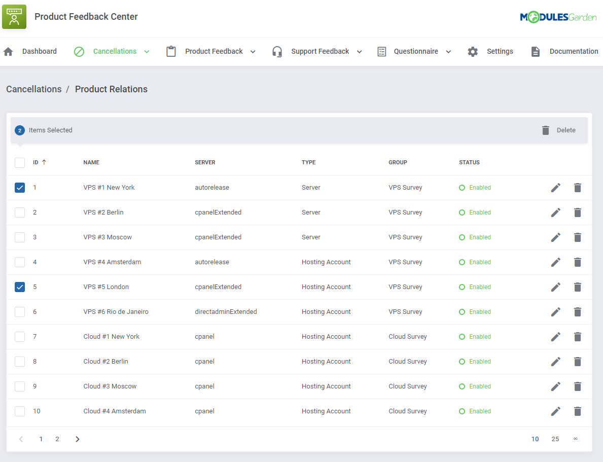 Product Feedback Center For WHMCS: Product Relations list with two relations selected and the Delete mass action