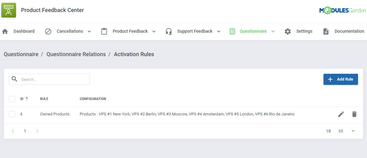 Product Feedback Center For WHMCS: Questionnaire Activation Rules page with the Add Rule button and an Owned Products