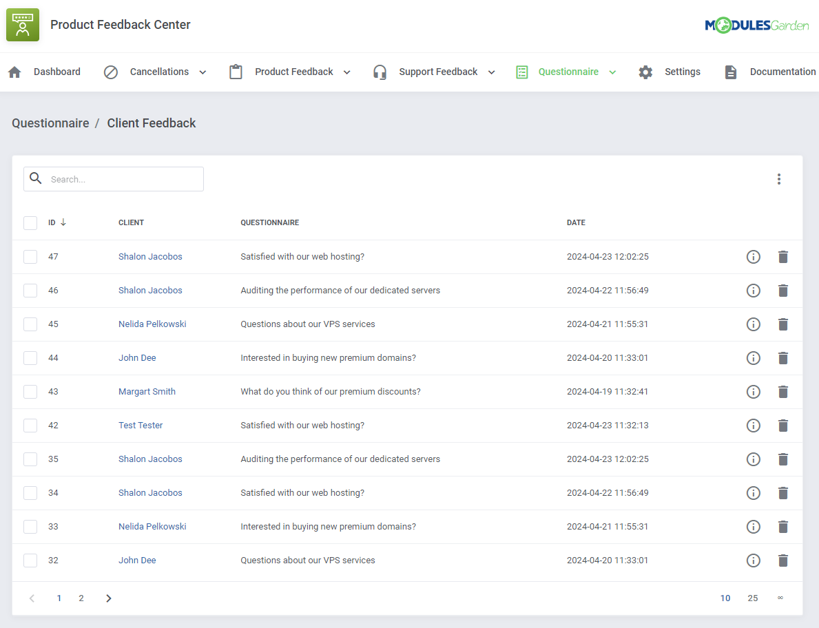 Product Feedback Center For WHMCS: admin questionnaire client feedback list with submitted surveys by client and date