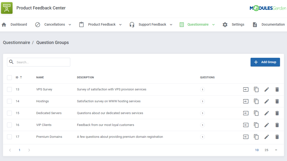 Product Feedback Center For WHMCS: questionnaire question groups list with VPS Survey, Hostings and other groups