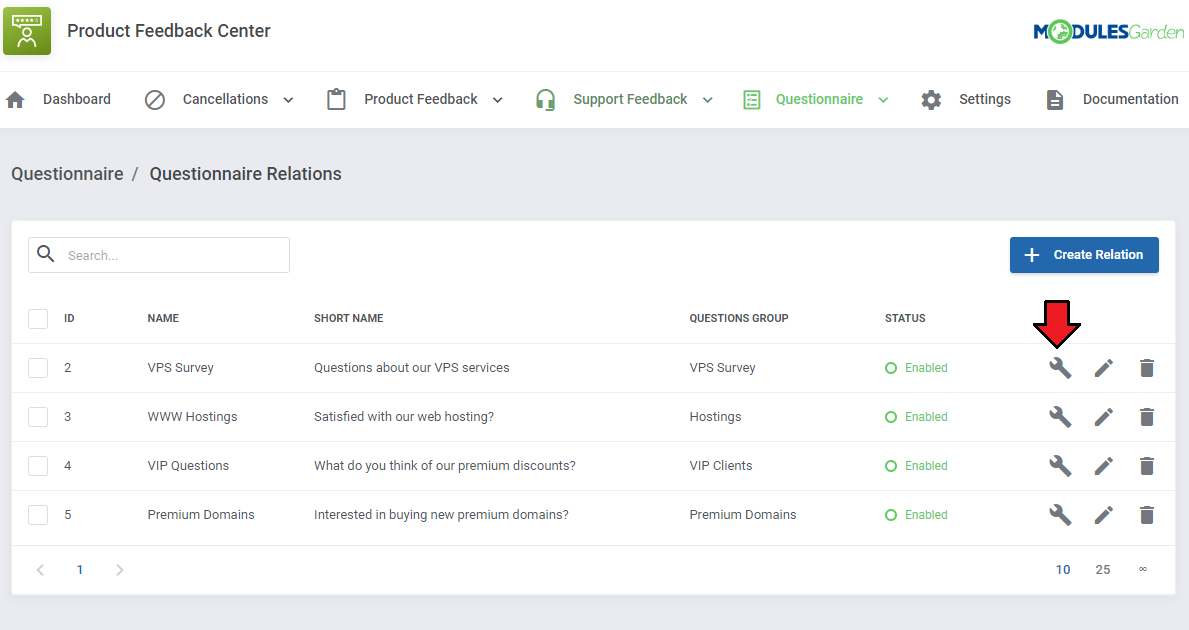 Product Feedback Center For WHMCS: Questionnaire Relations list with an arrow pointing to the wrench rules icon