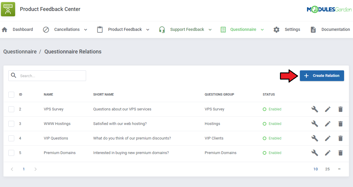 Product Feedback Center For WHMCS: Questionnaire Relations list with an arrow pointing to the Create Relation button