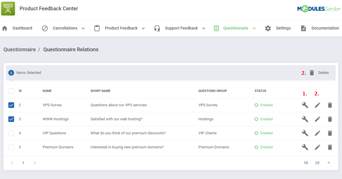 Product Feedback Center For WHMCS: Questionnaire Relations list with two items selected and configure, edit, delete