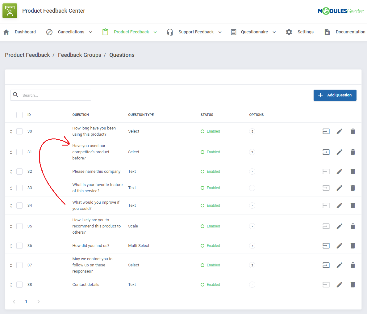 Product Feedback Center For WHMCS: group questions list with a red arrow showing a question moved by drag and drop
