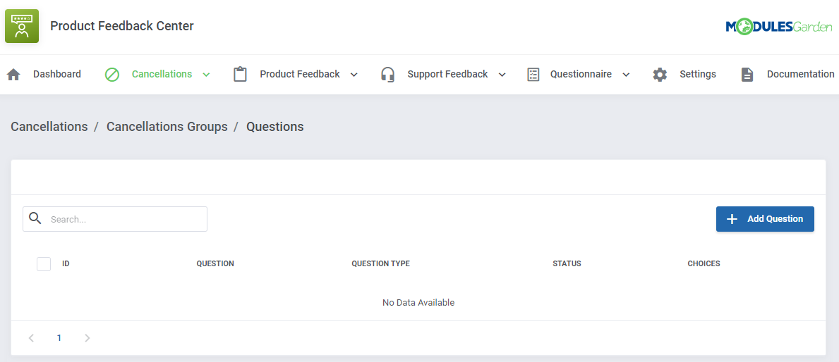 Product Feedback Center For WHMCS: empty Questions list of a cancellation group with the Add Question button