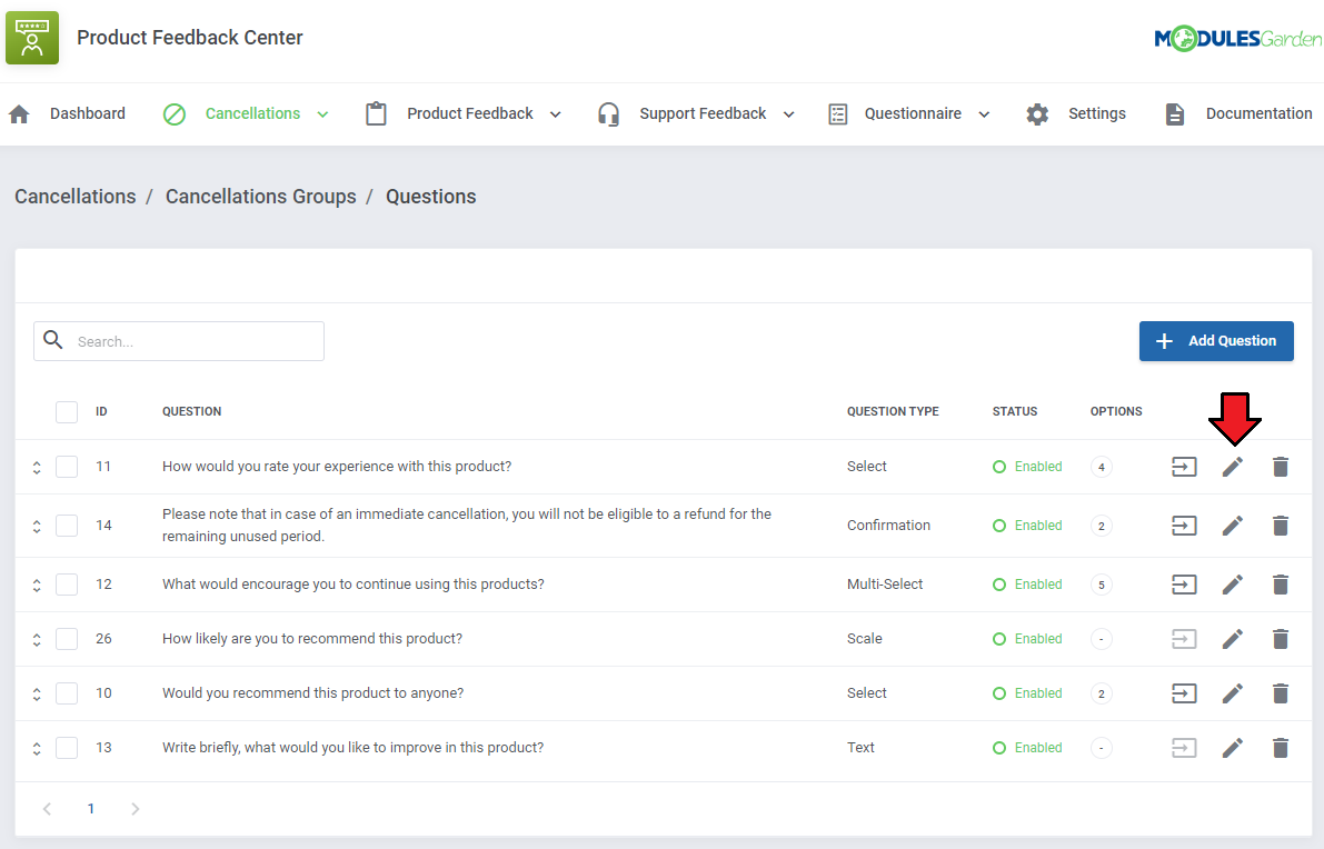 Product Feedback Center For WHMCS: Questions list with the Edit icon highlighted for a question
