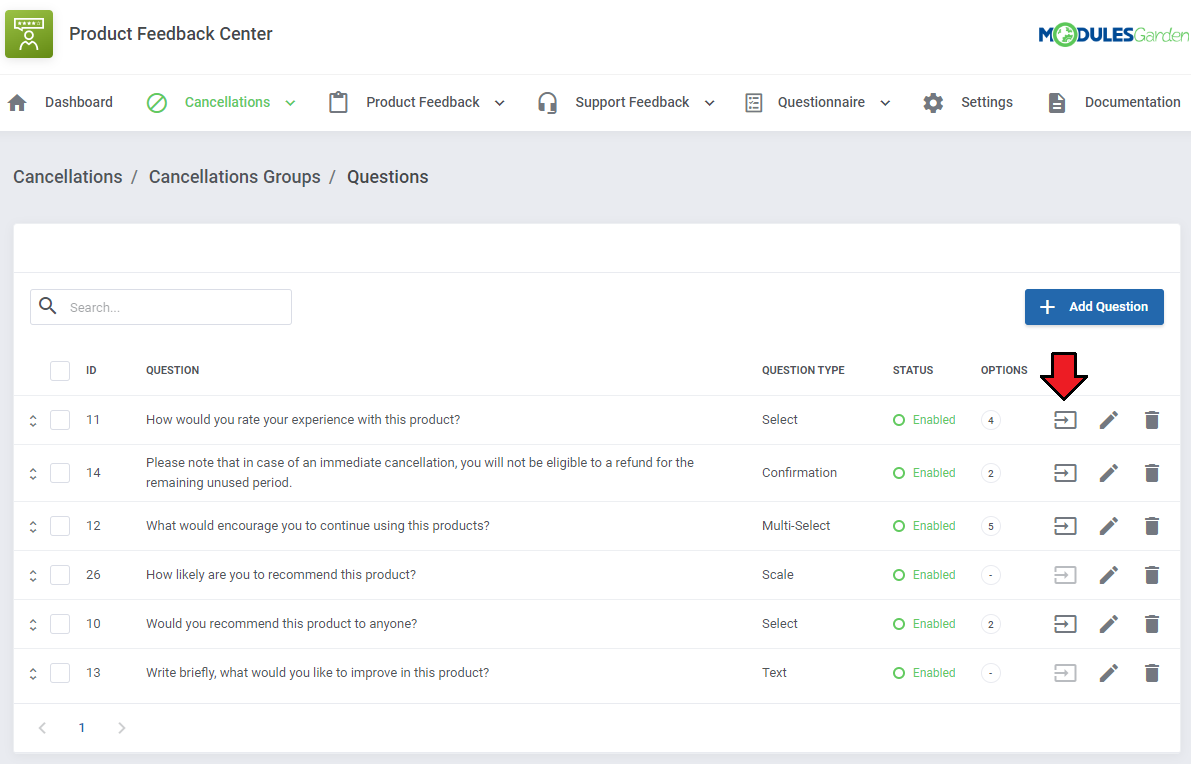 Product Feedback Center For WHMCS: Questions list with the Options icon highlighted for a Select type question