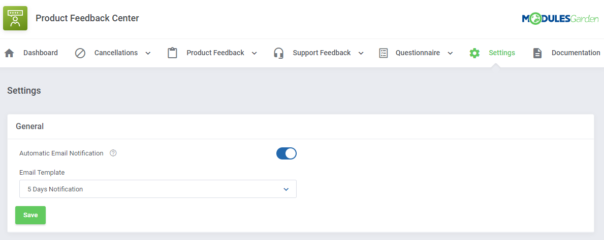 Product Feedback Center For WHMCS: Settings page with Automatic Email Notification enabled and an Email Template