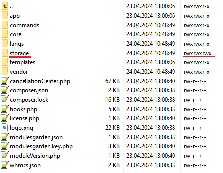 Product Feedback Center For WHMCS: module folder in a file manager with the storage folder set to rwxrwxrwx permissions