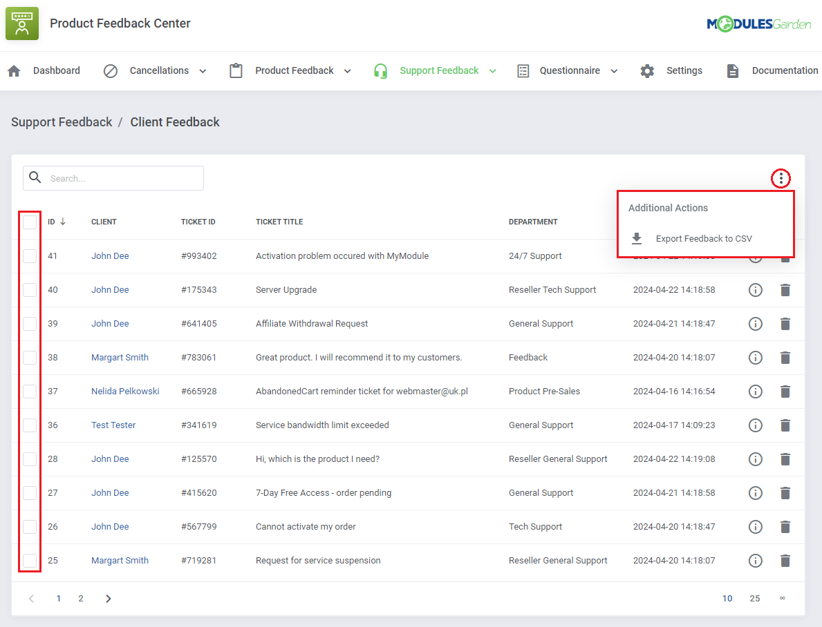 Product Feedback Center For WHMCS: support feedback list with mass action checkboxes and Export Feedback to CSV
