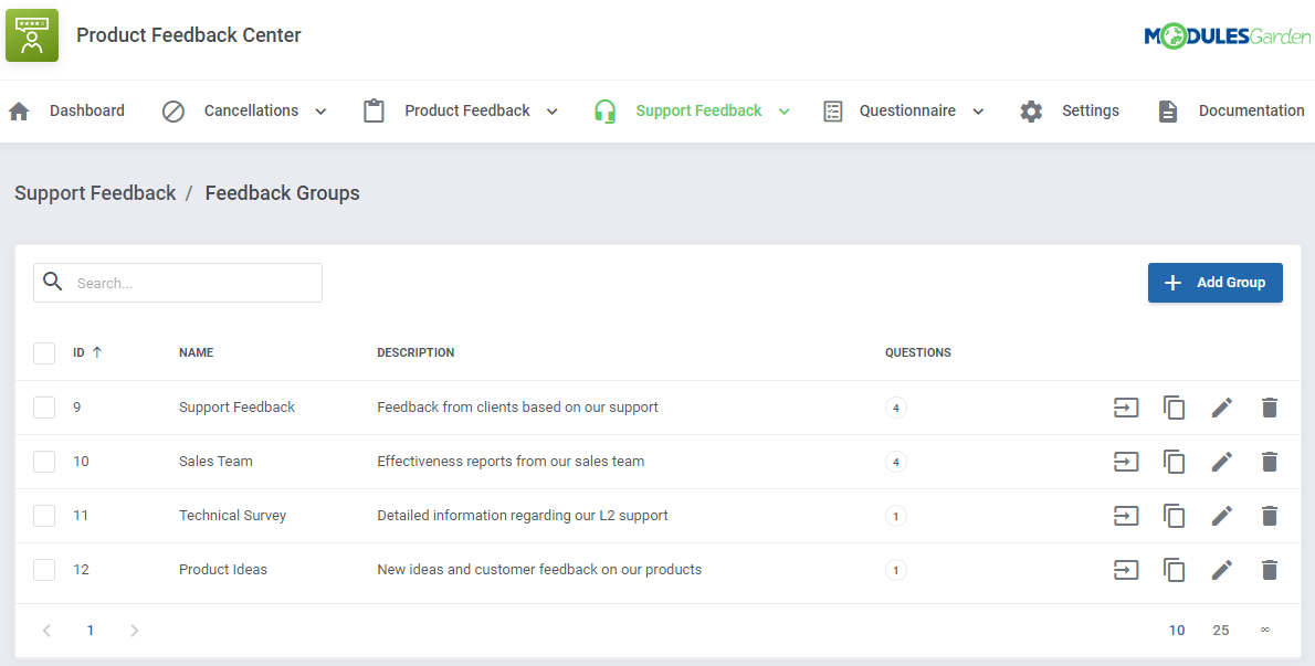 Product Feedback Center For WHMCS: support feedback groups list with Support Feedback, Sales Team and other groups
