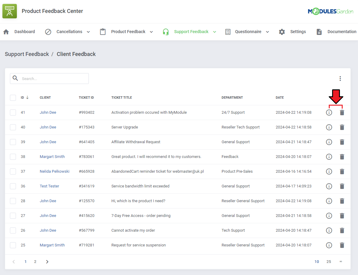 Product Feedback Center For WHMCS: support feedback list with ticket titles and the details and delete icons marked