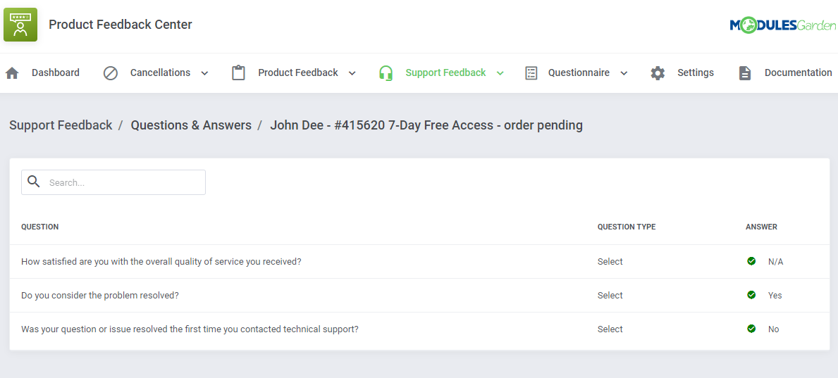 Product Feedback Center For WHMCS: support feedback questions and answers preview for a ticket with three Select