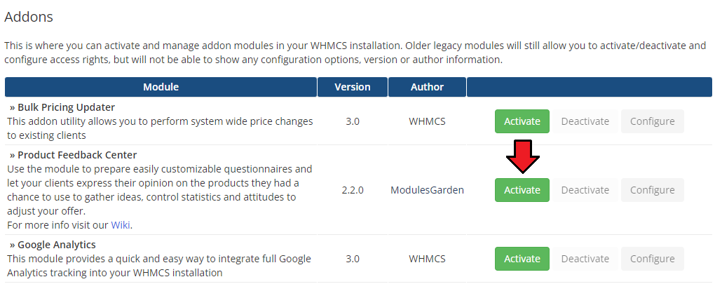 Product Feedback Center For WHMCS: WHMCS Addon Modules list with the Activate button next to Product Feedback Center