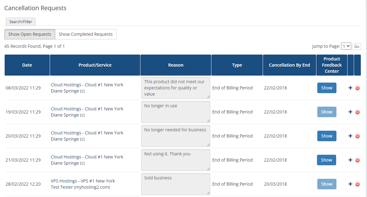 Product Feedback Center For WHMCS: WHMCS Cancellation Requests table with the Show button in the module column