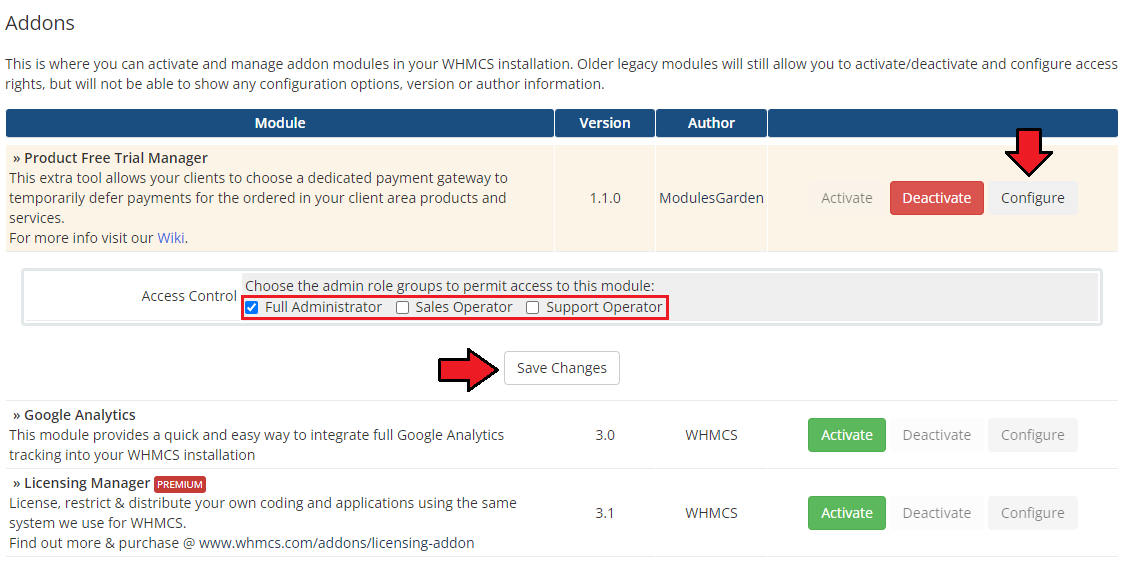 Product Free Trial Manager For WHMCS: WHMCS Addon Modules access control with Full Administrator ticked and Save Changes