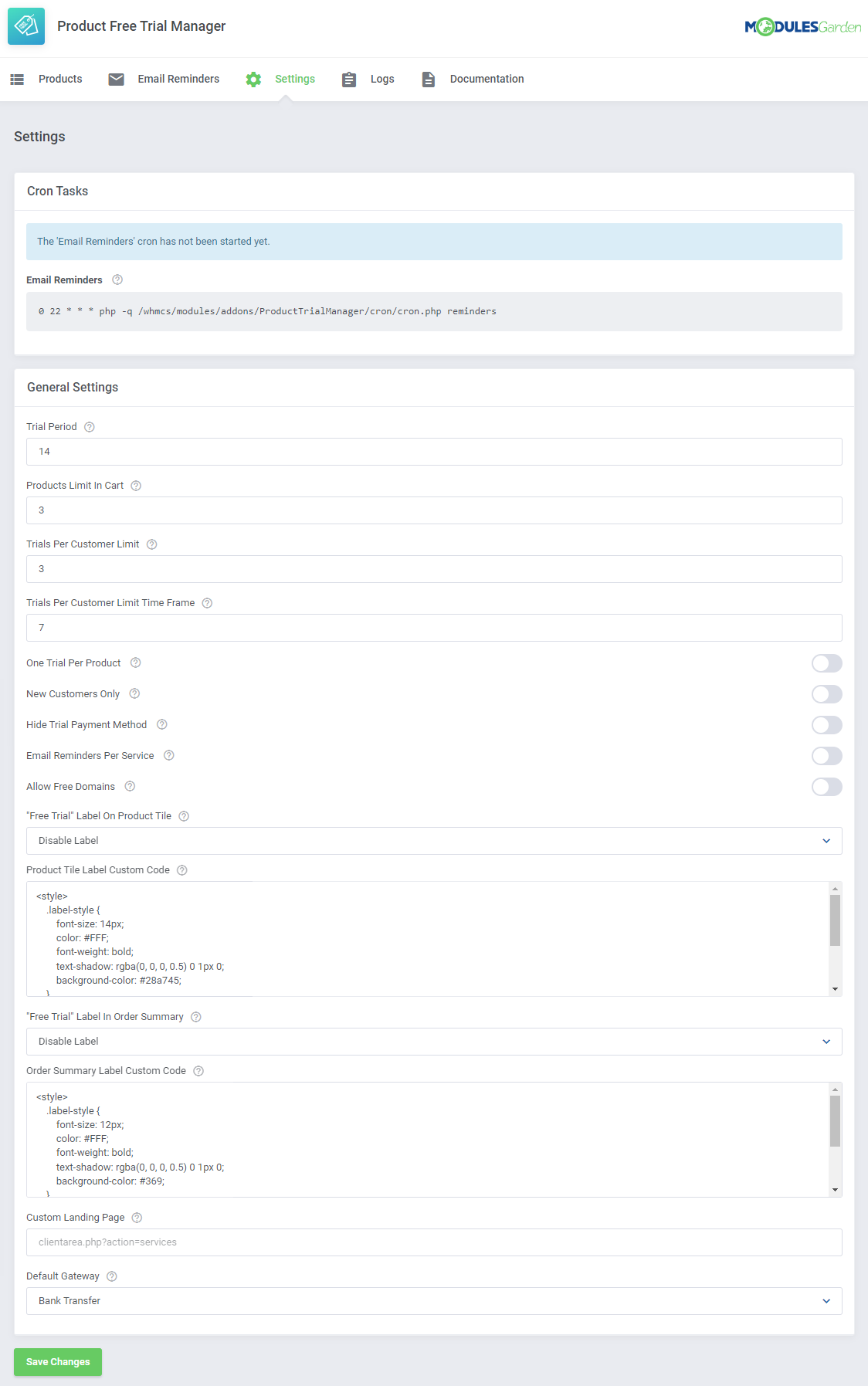 Product Free Trial Manager For WHMCS: addon Settings tab with the cron task and general settings with Save Changes