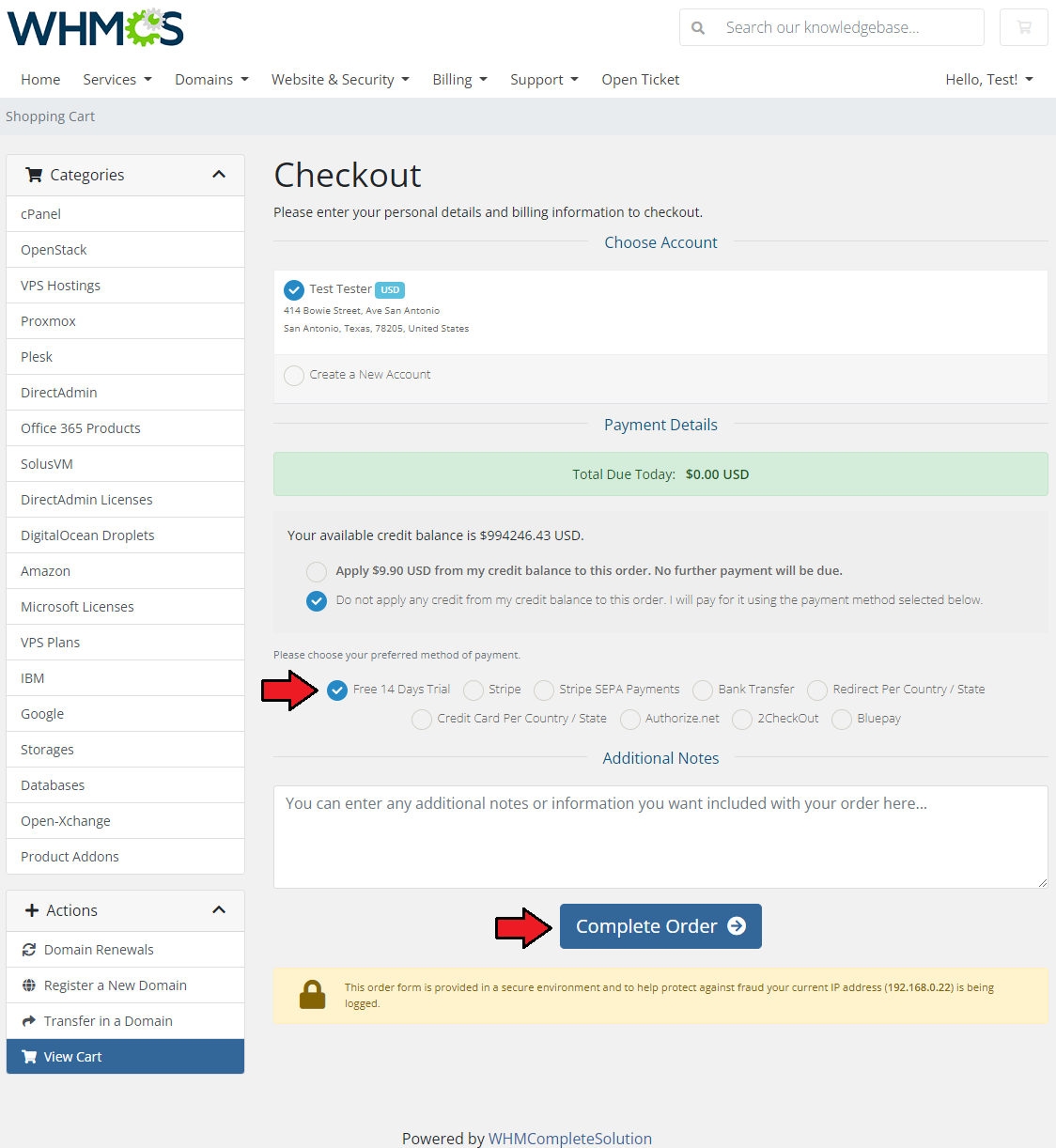 Product Free Trial Manager For WHMCS: WHMCS checkout page with Free 14 Days Trial payment method and Complete Order