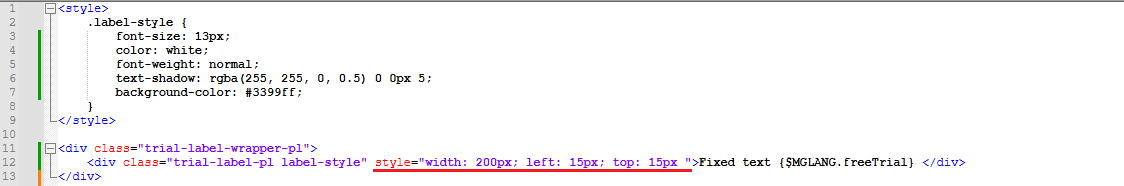 Product Free Trial Manager For WHMCS: custom label HTML file open in an editor with style code and language variable