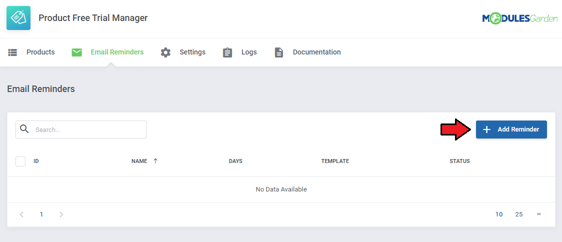 Product Free Trial Manager For WHMCS: Email Reminders tab with an empty list and the Add Reminder button