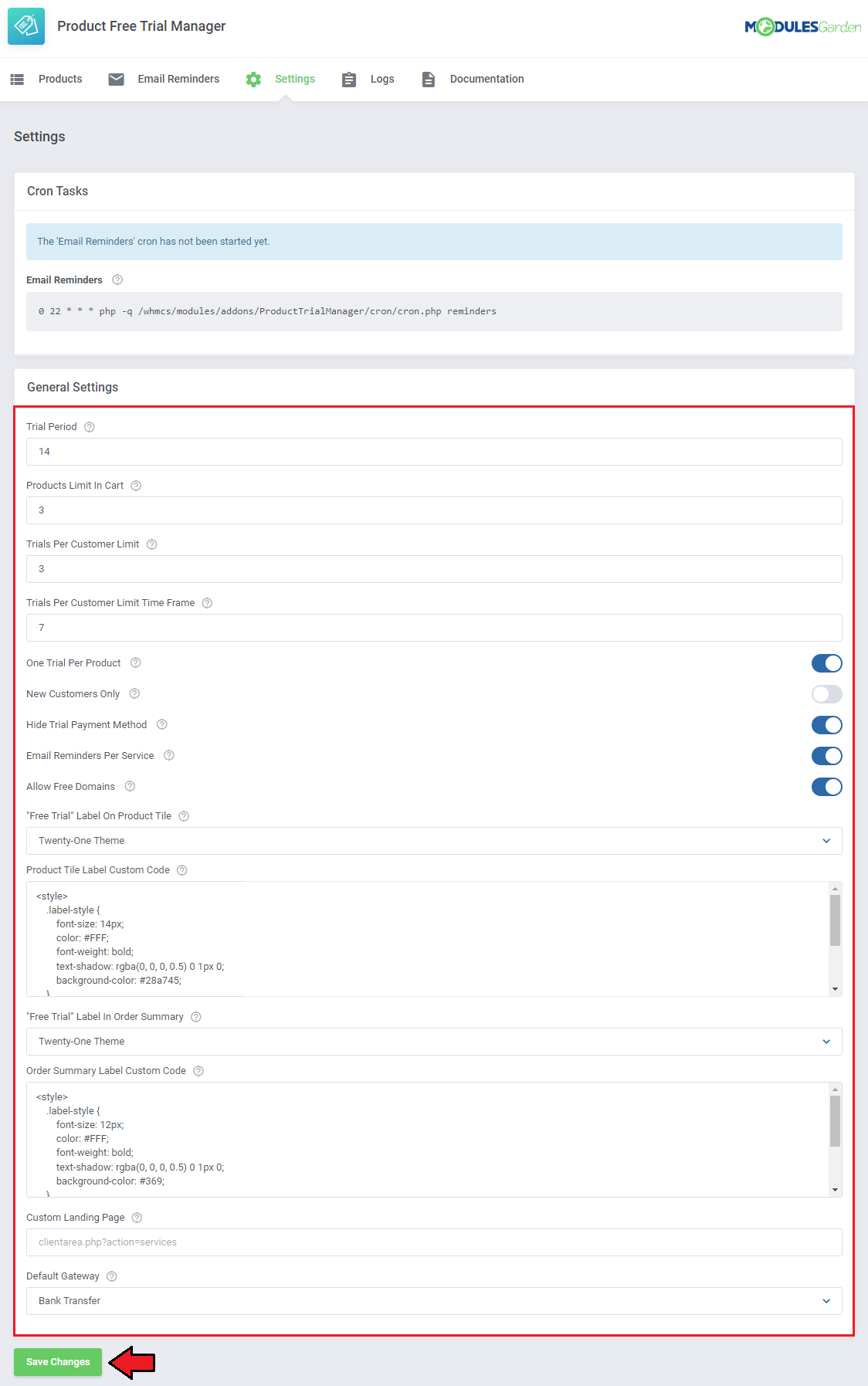 Product Free Trial Manager For WHMCS: General Settings form with trial limits, toggles, labels and Save Changes