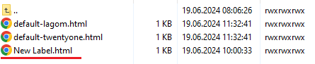 Product Free Trial Manager For WHMCS: file manager folder with default label HTML files and a new label file highlighted