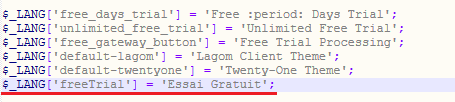 Product Free Trial Manager For WHMCS: language file in an editor with the freeTrial variable translated to French