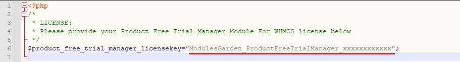 Product Free Trial Manager For WHMCS: license.php opened in an editor with the license key between quotation marks