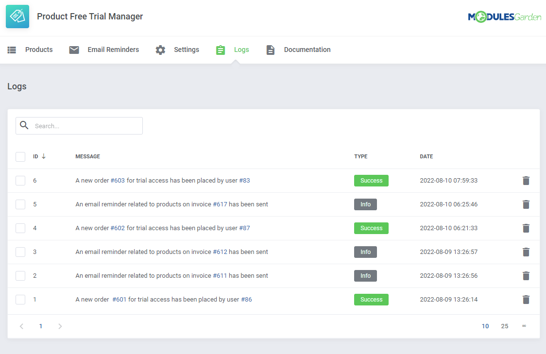 Product Free Trial Manager For WHMCS: Logs tab with a table of events such as trial orders and sent email reminders