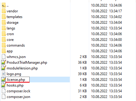 Product Free Trial Manager For WHMCS: module files list with license.php renamed from licenseRENAME.php and highlighted