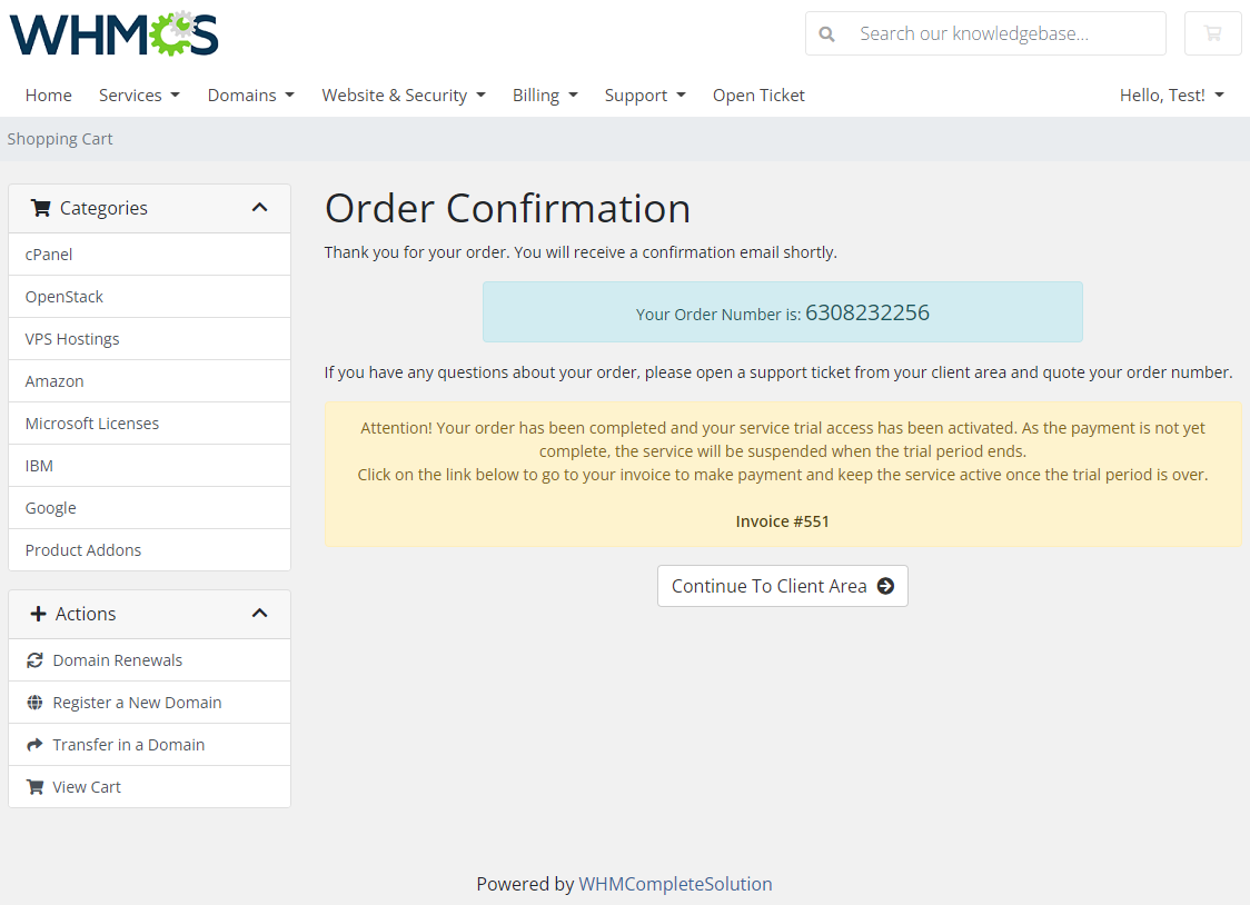 Product Free Trial Manager For WHMCS: WHMCS order confirmation page with a trial notice and the unpaid invoice link