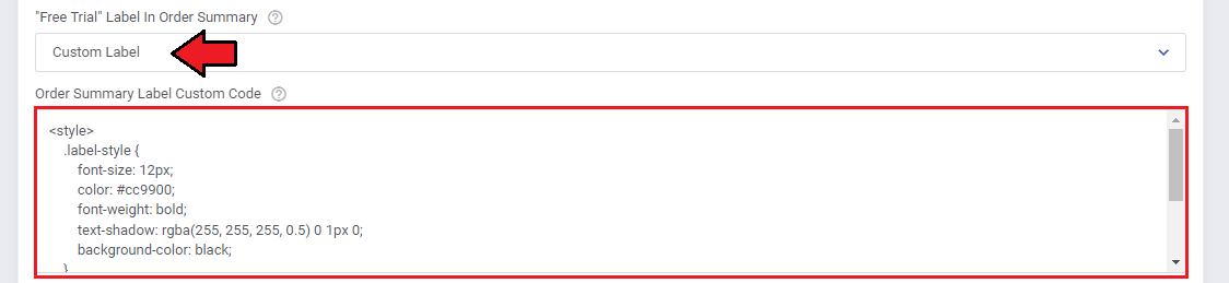 Product Free Trial Manager For WHMCS: Settings tab, Order Summary label set to Custom Label with the custom code field