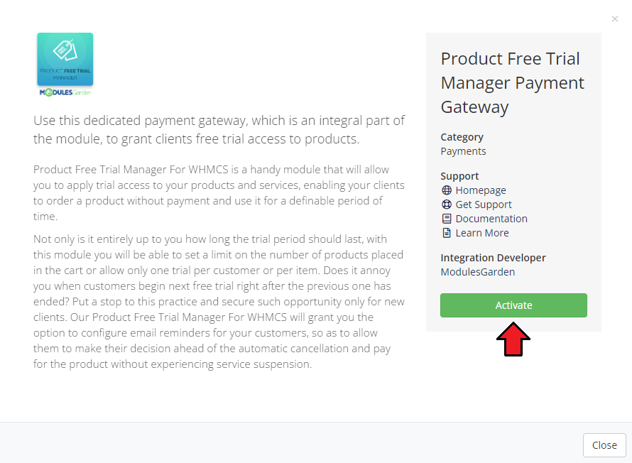 Product Free Trial Manager For WHMCS: payment gateway dialog in Apps and Integrations with the Activate button