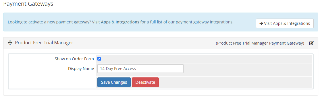 Product Free Trial Manager For WHMCS: WHMCS Payment Gateways page with the display name field and Save Changes button