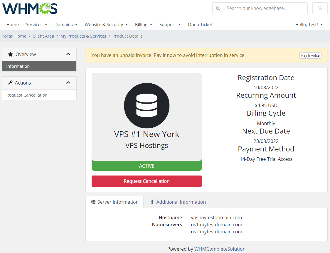 Product Free Trial Manager For WHMCS: WHMCS client area details of an active trial service with an unpaid invoice notice