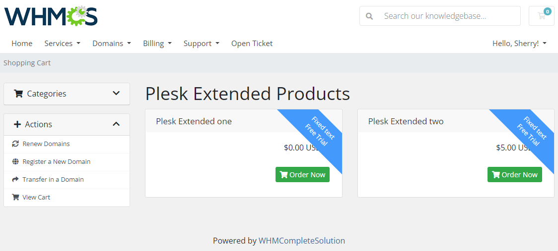 Product Free Trial Manager For WHMCS: WHMCS client area product list with a Free Trial label on product tiles